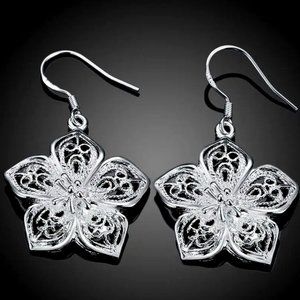 Gorgeous 3D Flower .925 Sterling Silver Hanging Earrings " Hypoallergenic "